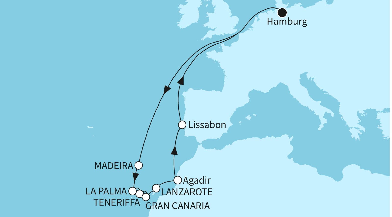 Routenkarte: Hamburg – Lissabon – Agadir – Kanaren – Madeira
